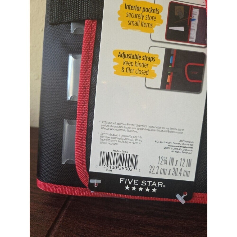 Mead Five Star 2" Binder 580 Sheet Capacity Exterior Expanding File Black Red - Picture 4 of 11